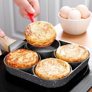 4 Holes Egg Fry Pan Pancake Egg Burger Pan With Fake Wooden Handle new